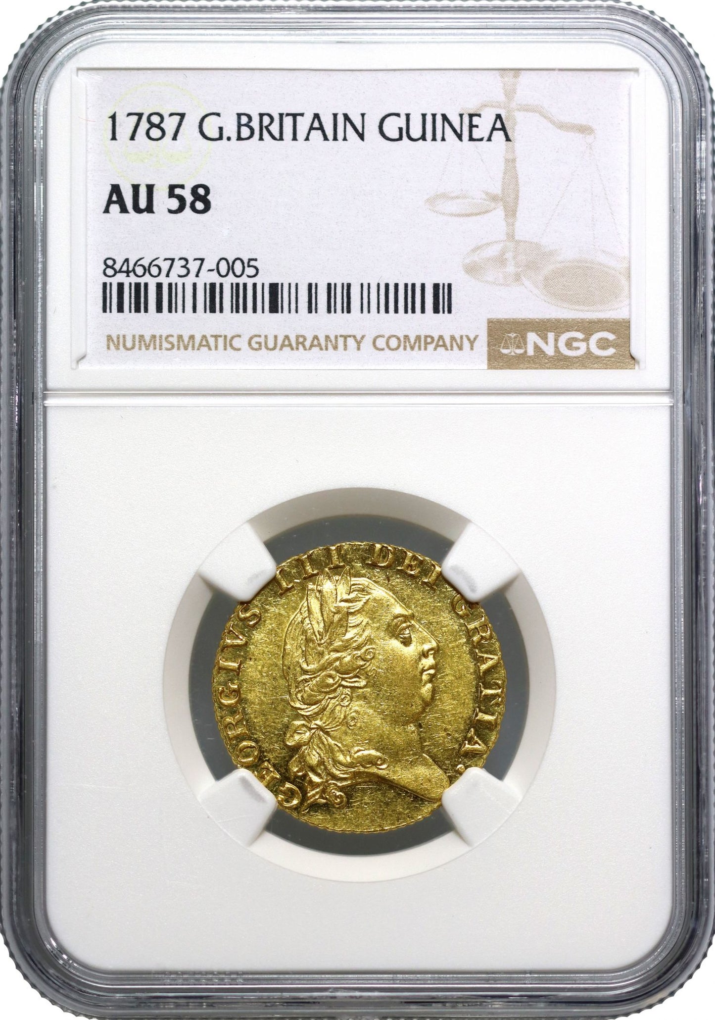 George III 1787 Guinea, AU58, 5th head, spade reverse, type 1st year