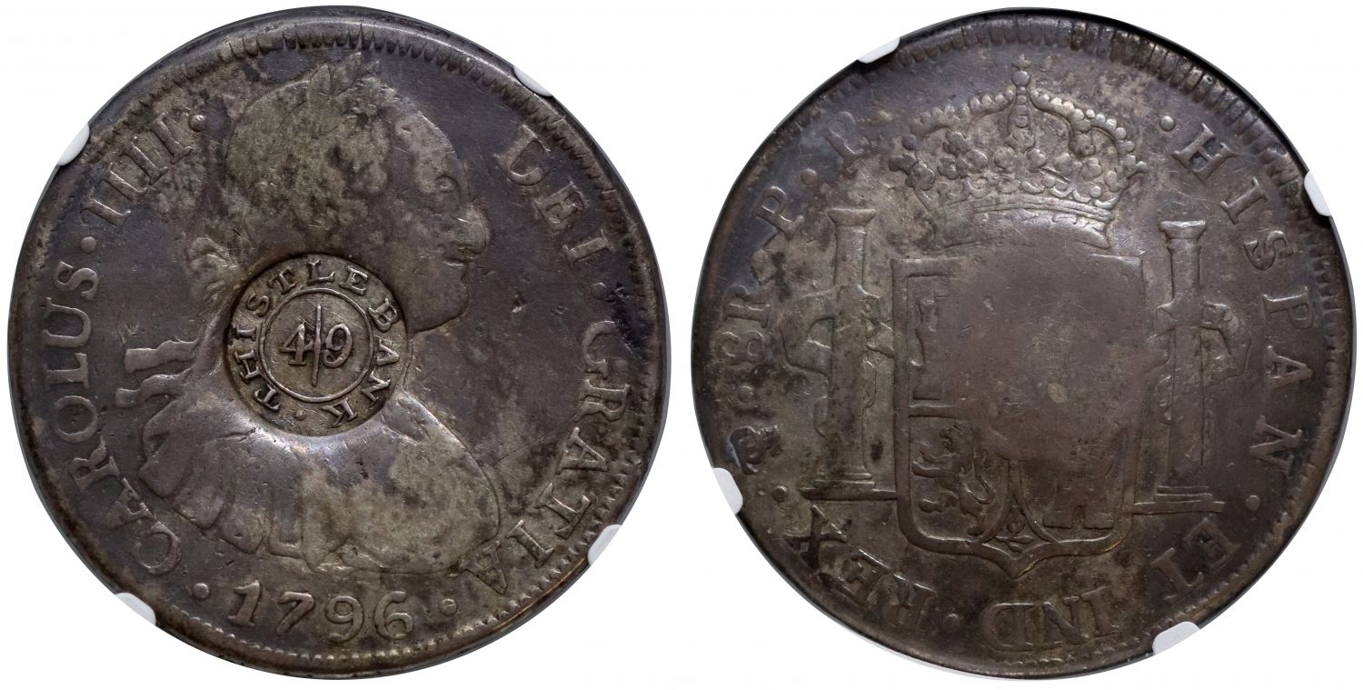 Glasgow, Thistle Bank Dollar, 4/9 countermark on Bolivia 1796-PP 8-Reales, F12