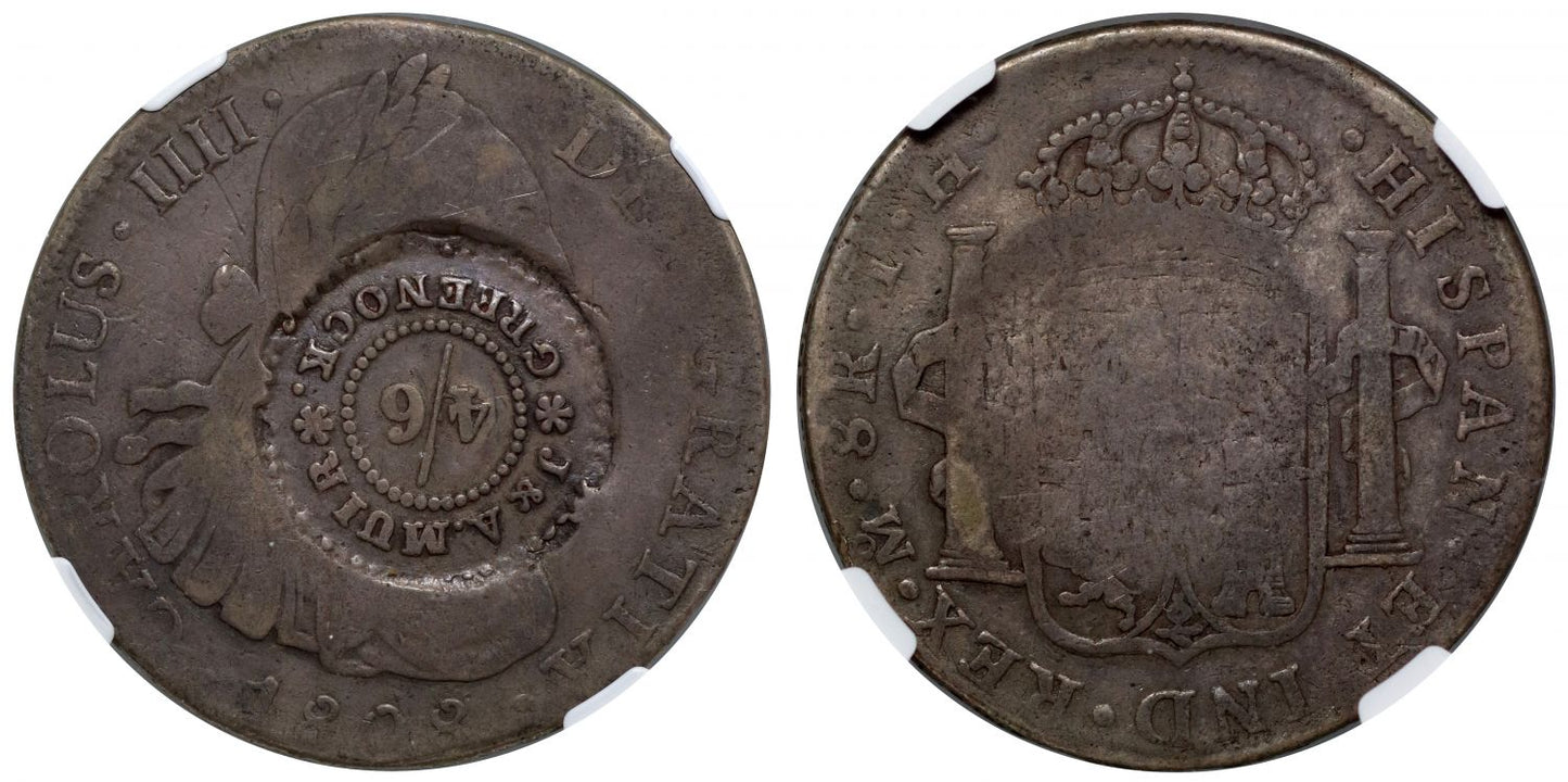 Greenock, James & Andrew Muir Dollar, 4/6 countermark on Mexico 1808-TH 8-Reales, VG10