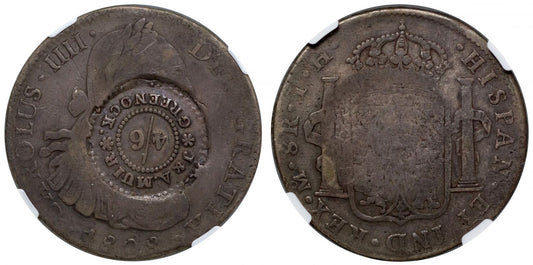 Greenock, James & Andrew Muir Dollar, 4/6 countermark on Mexico 1808-TH 8-Reales, VG10