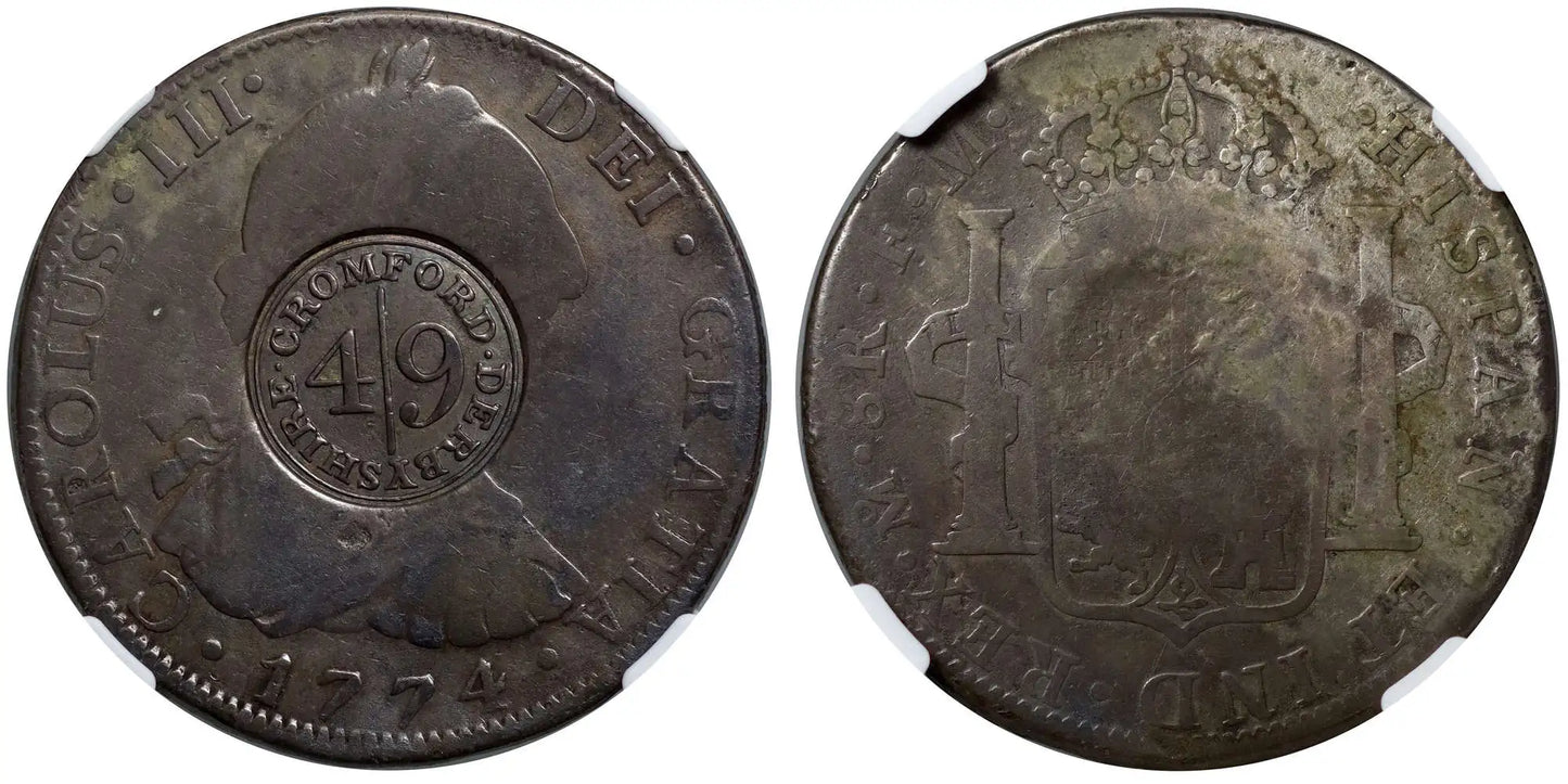 Derbyshire, Cromford Dollar, 4/9 countermark on Mexico 1774-FM 8-Reales, VG8, likely ex SNC 1937 and ex Traveller