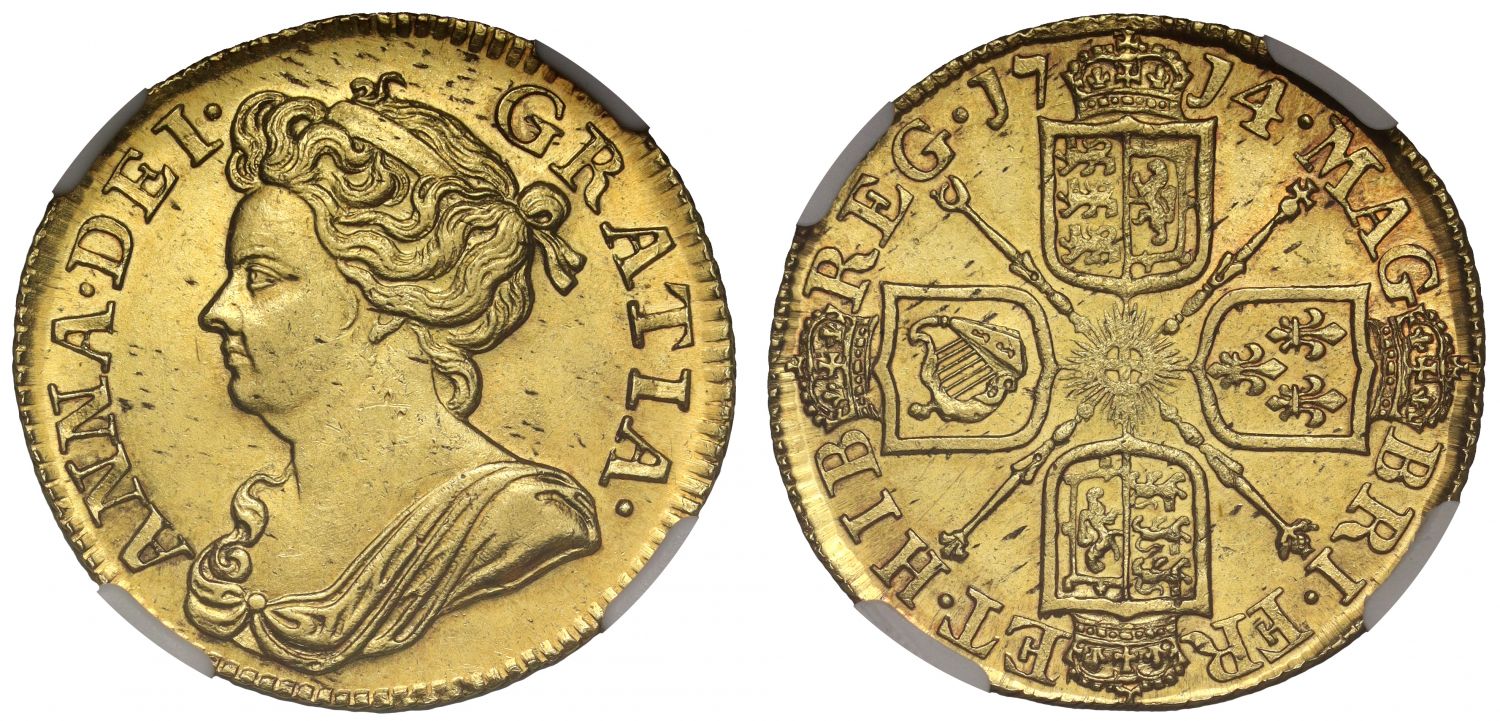 Anne 1714 Guinea, 3rd bust, MS64, 2nd finest, ex Long Island