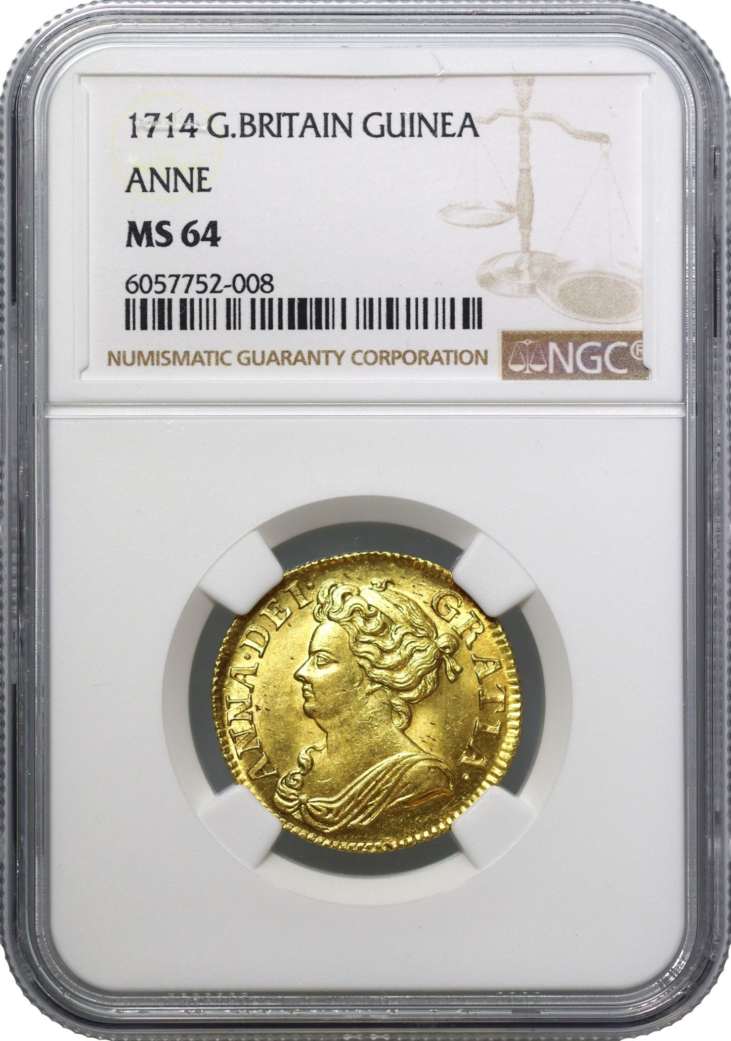 Anne 1714 Guinea, 3rd bust, MS64, 2nd finest, ex Long Island