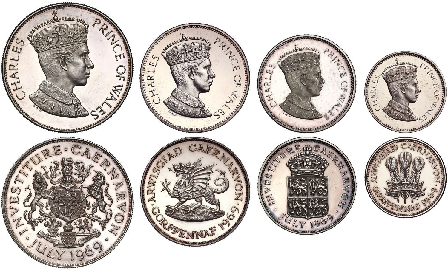 Charles, Prince of Wales, Investiture, 1969, silver 4-medal Set by John Pinches, struck in 