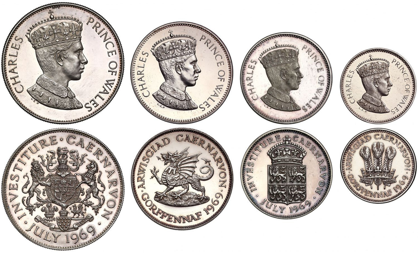 Charles, Prince of Wales, Investiture, 1969, silver 4-medal Set by John Pinches, struck in "Britannia" silver