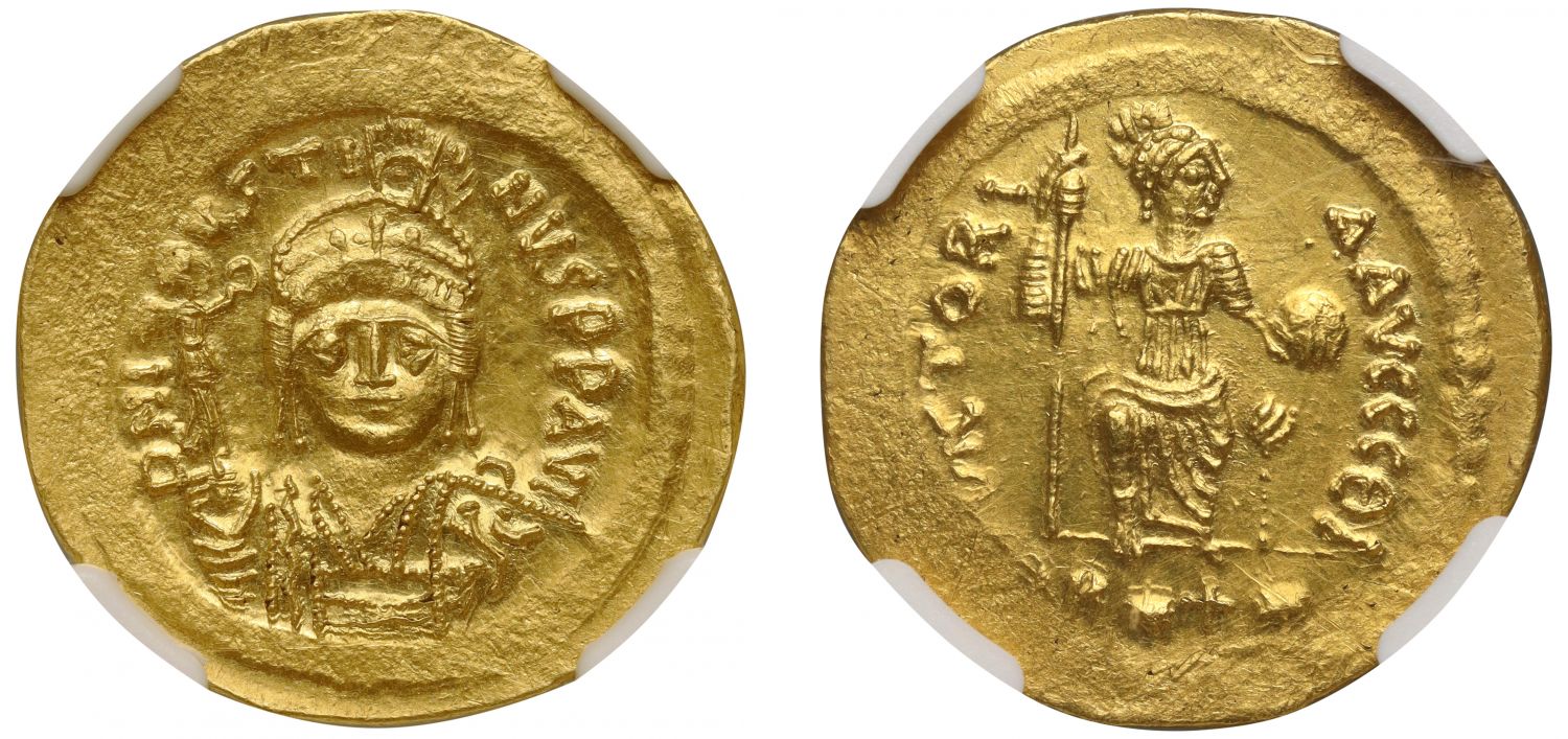 Justin II (565 -578), Gold Lightweight Solidus of 22 Siliquae, Theoupolis, NGC MS, 4/5,  3/5, brushed.