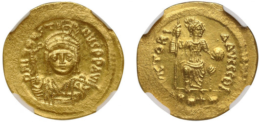 Justin II, gold Lightweight Solidus of 22 Siliquae, Theoupolis, MS, 4/5,  3/5, brushed.