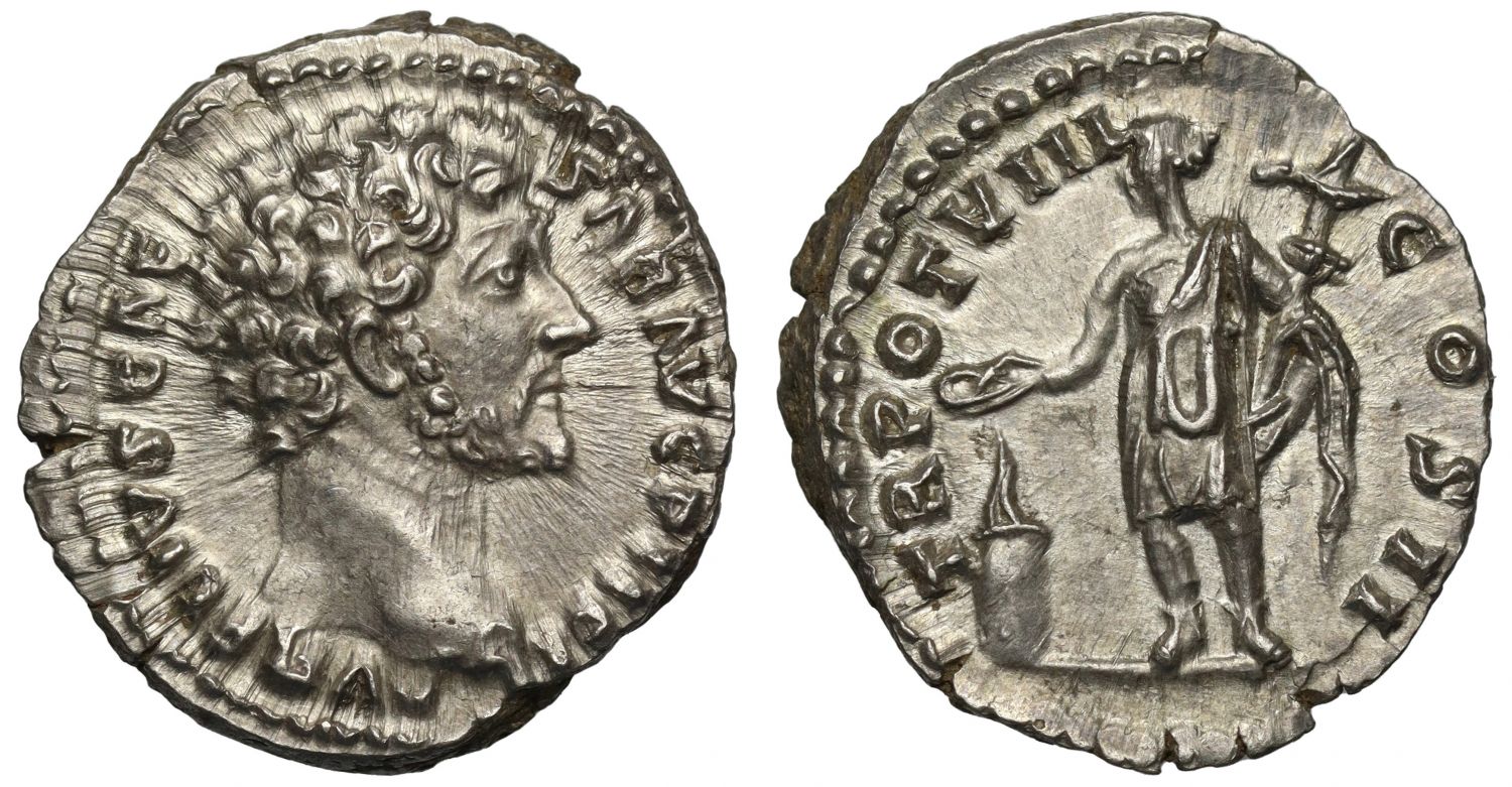 Marcus Aurelius as Caesar, Denarius, Genius Exercitus.