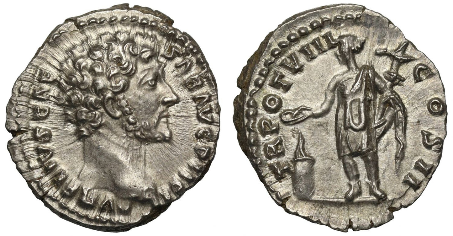 Marcus Aurelius as Caesar, Denarius, Genius Exercitus.