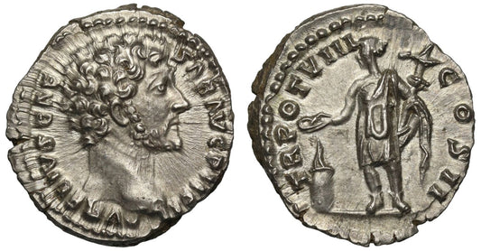 Marcus Aurelius as Caesar, Denarius, Genius Exercitus.