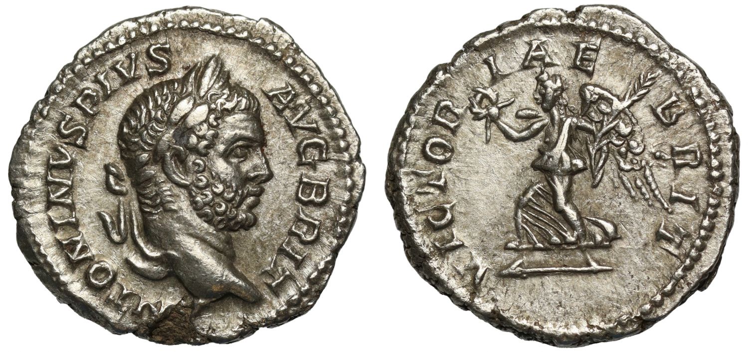 Romano-British Interest, Caracalla, Silver Denarius, Victory in Britain.