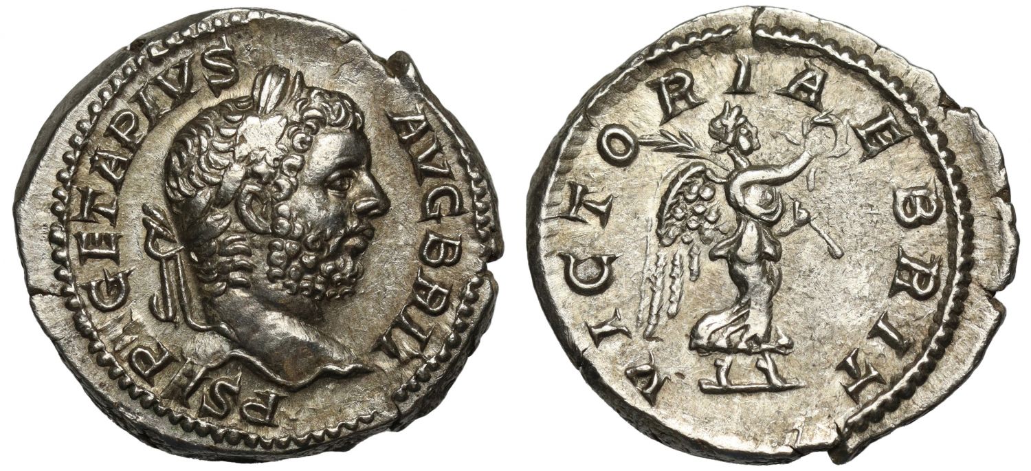 Romano-British Interest, Geta, as Augustus, Silver Denarius, Victory in Britain.