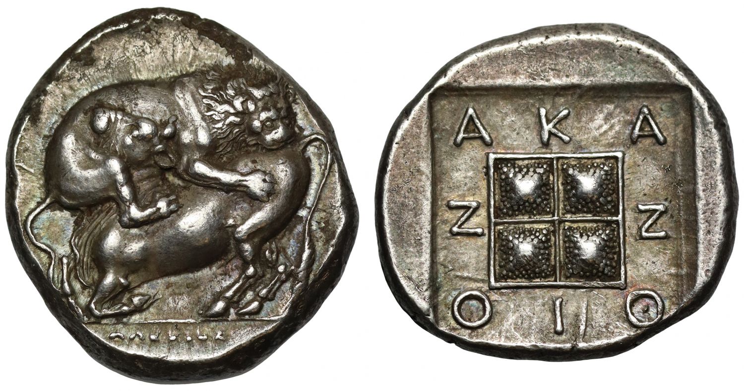 Macedonia, Akanthus, silver Tetradrachm, magistrate Alexios C, 370-360 BC