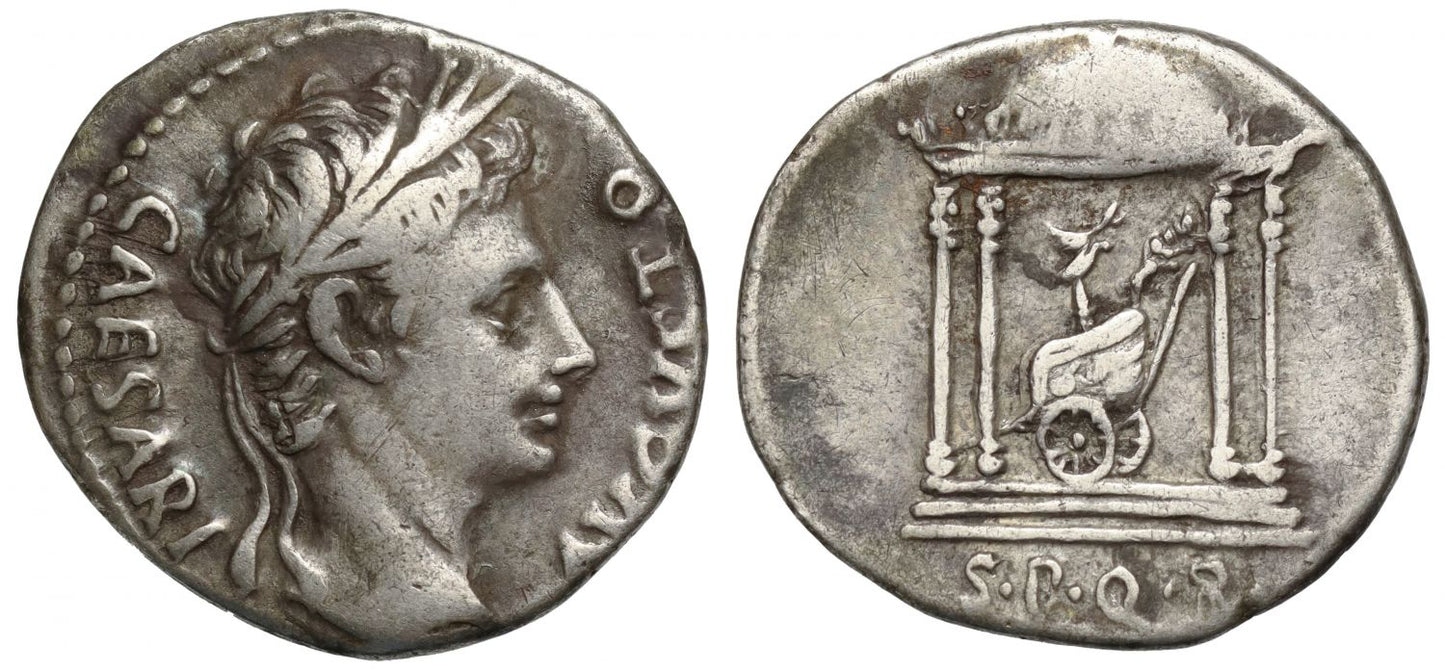 Augustus, Silver Denarius, Tetrastyle Temple With Chariot.