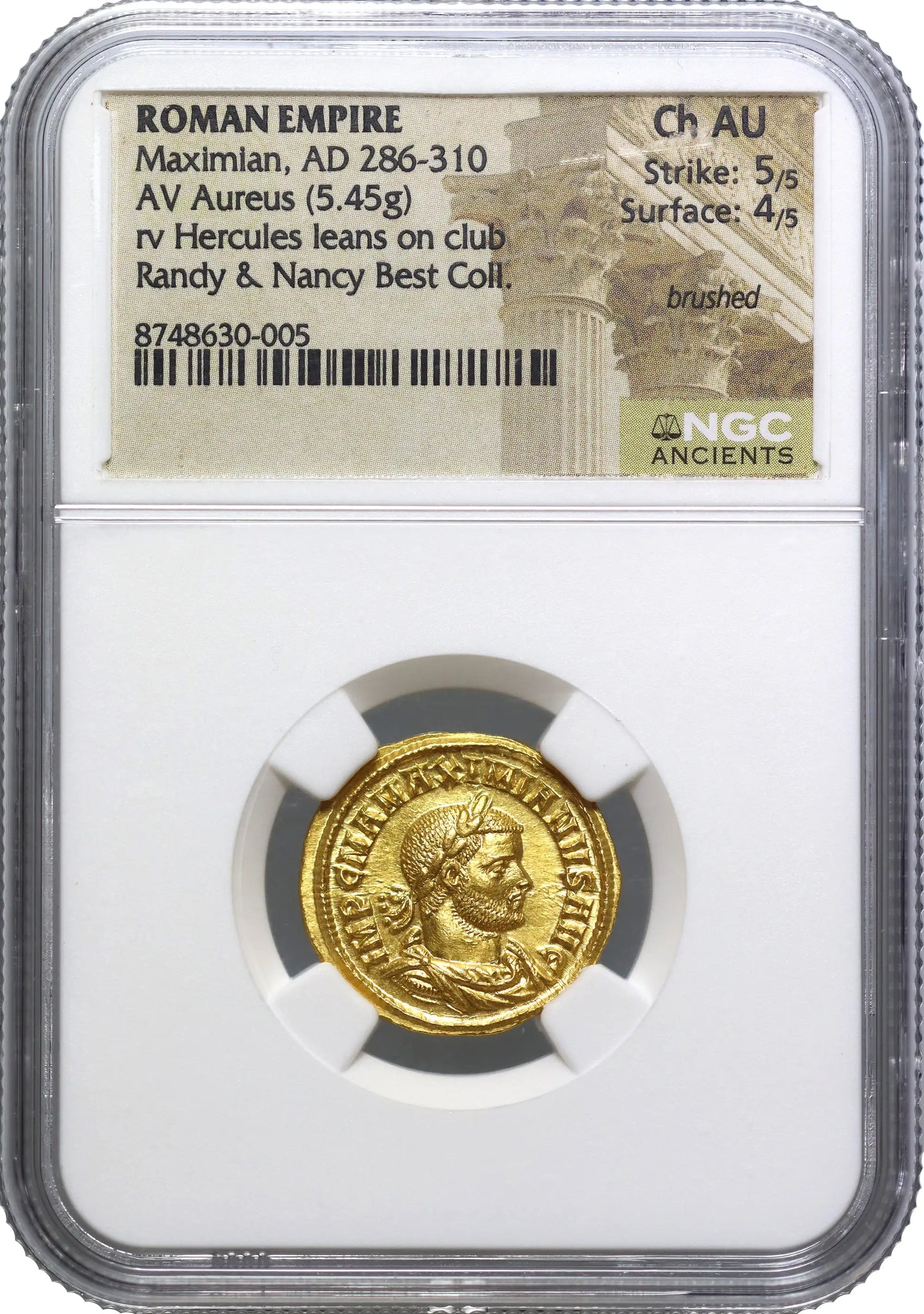 Maximian, Gold Aureus, Hercules, Ch AU 5/5 4/5,  286-7 AD