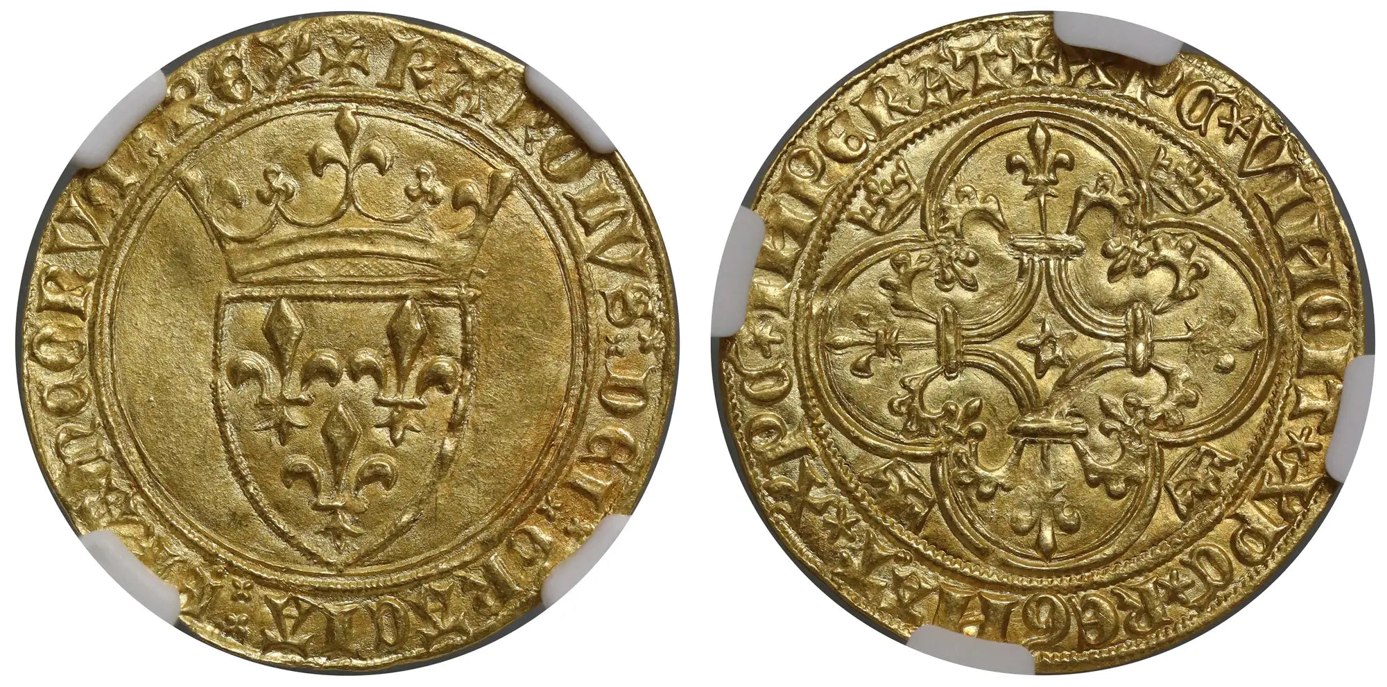 France, Charles VI gold Ecu d'Or a la Couronne, St Quentin Mint, MS62