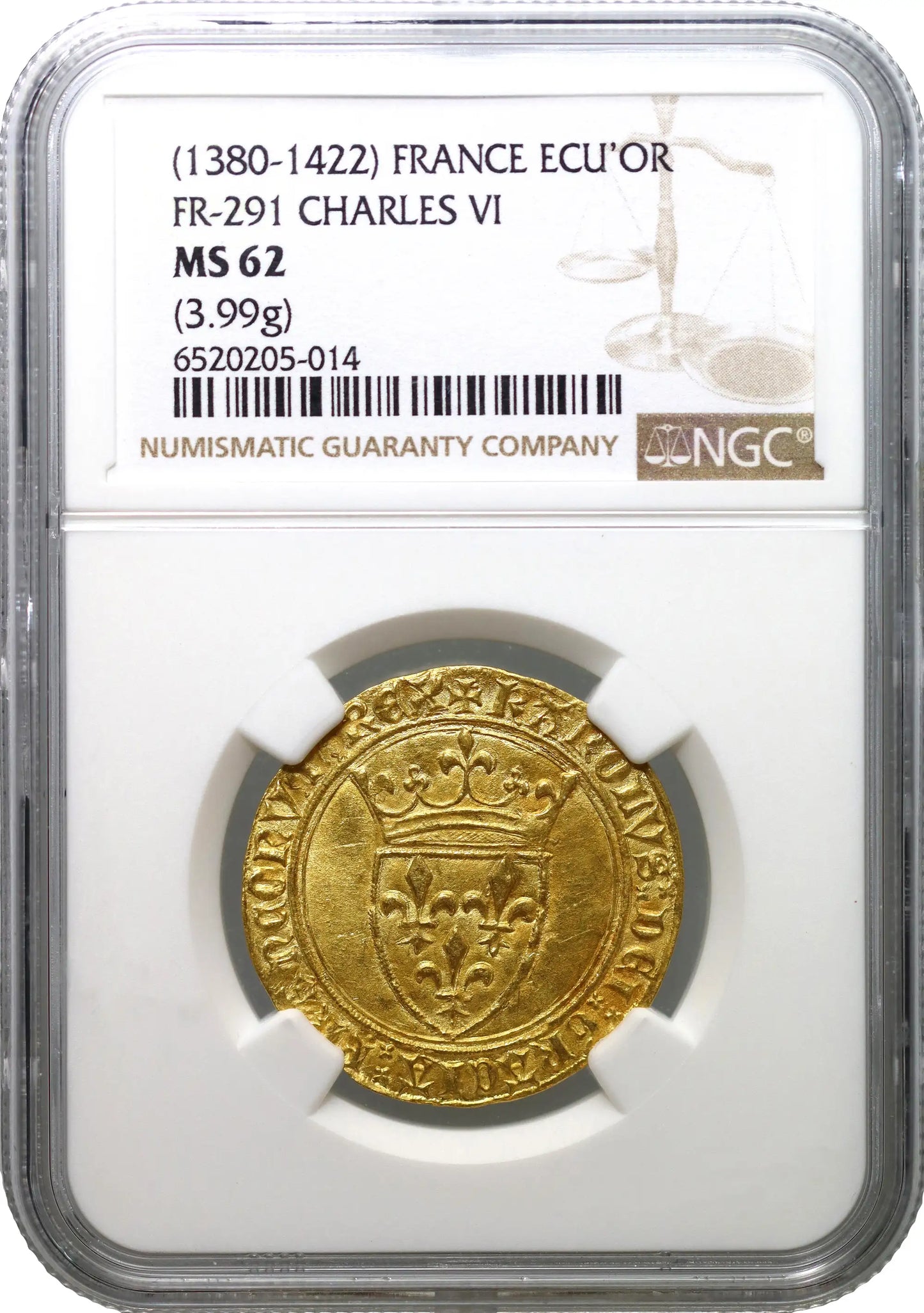 France, Charles VI gold Ecu d'Or a la Couronne, St Quentin Mint, MS62