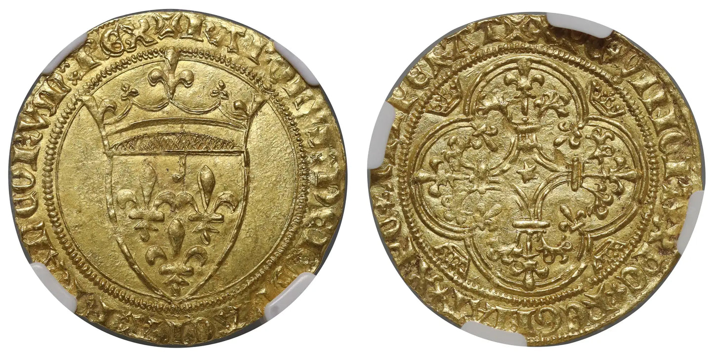 France, Charles VI gold Ecu d'Or a la Couronne, Montpellier Mint, MS62