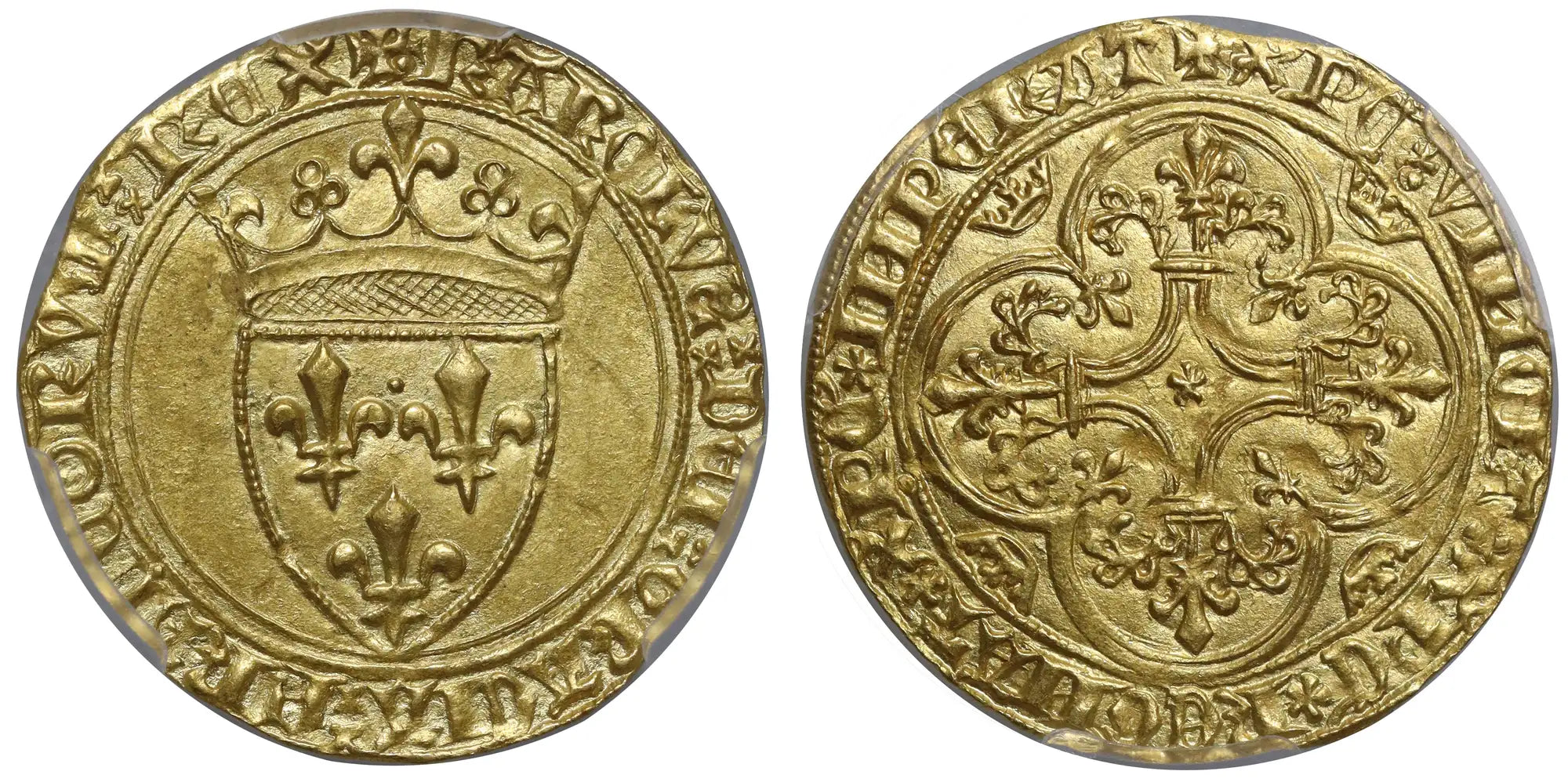 France, Charles VI gold Ecu d'Or a la Couronne, St Andre de Villeneuve les Avignon Mint, MS63