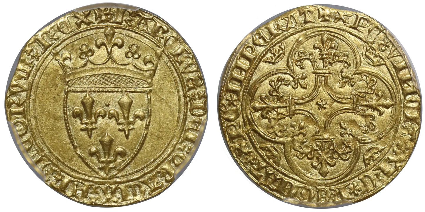 France, Charles VI gold Ecu d'Or a la Couronne, St Andre de Villeneuve les Avignon Mint, MS63