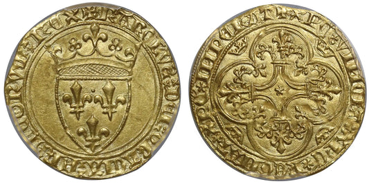France, Charles VI gold Ecu d'Or a la Couronne, St Andre de Villeneuve les Avignon Mint, MS63