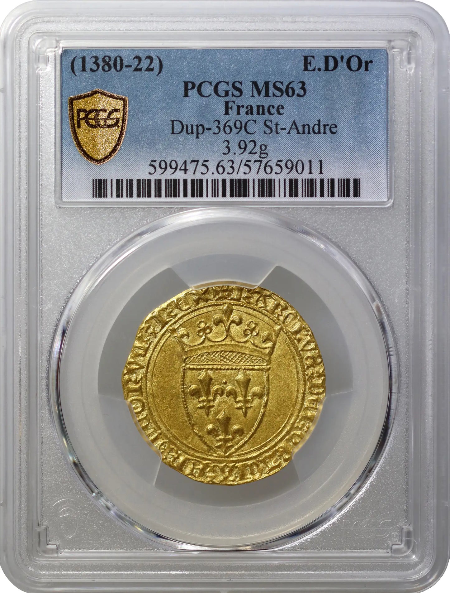 France, Charles VI gold Ecu d'Or a la Couronne, St Andre de Villeneuve les Avignon Mint, MS63