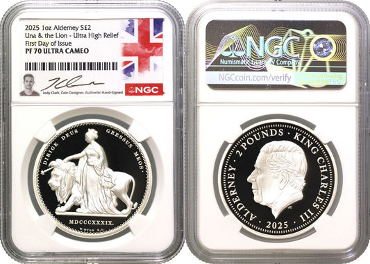 Alderney 2025 silver PF70 FDI 1oz Una & the Lion, Ultra High relief