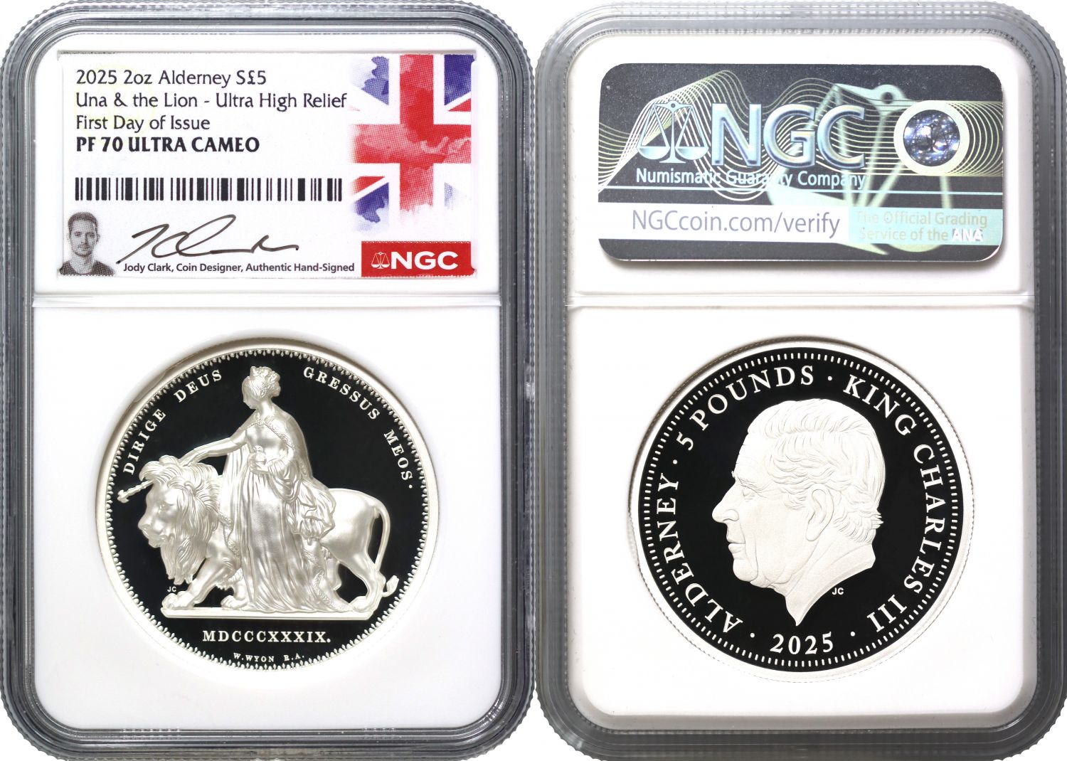 Alderney 2025 silver PF70 FDI 2oz Una & the Lion, Ultra High relief