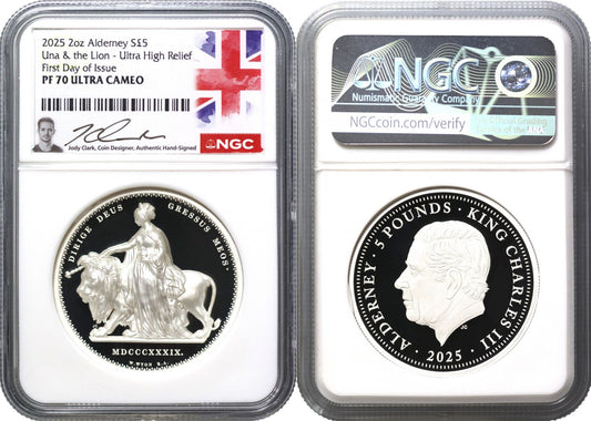 Alderney 2025 silver PF70 FDI 2oz Una & the Lion, Ultra High relief