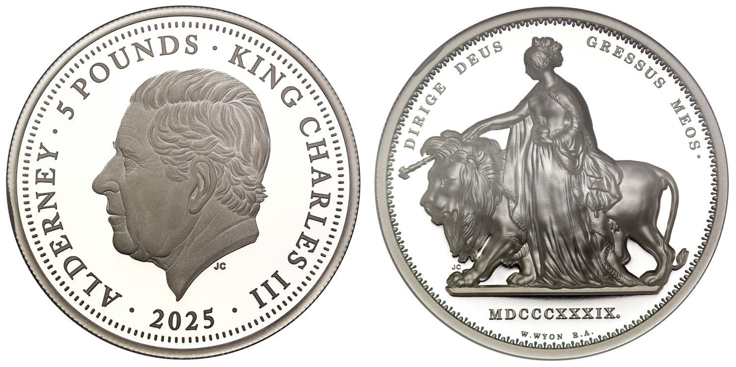 Alderney 2025 silver PF70 FDI 2oz Una & the Lion, Ultra High relief