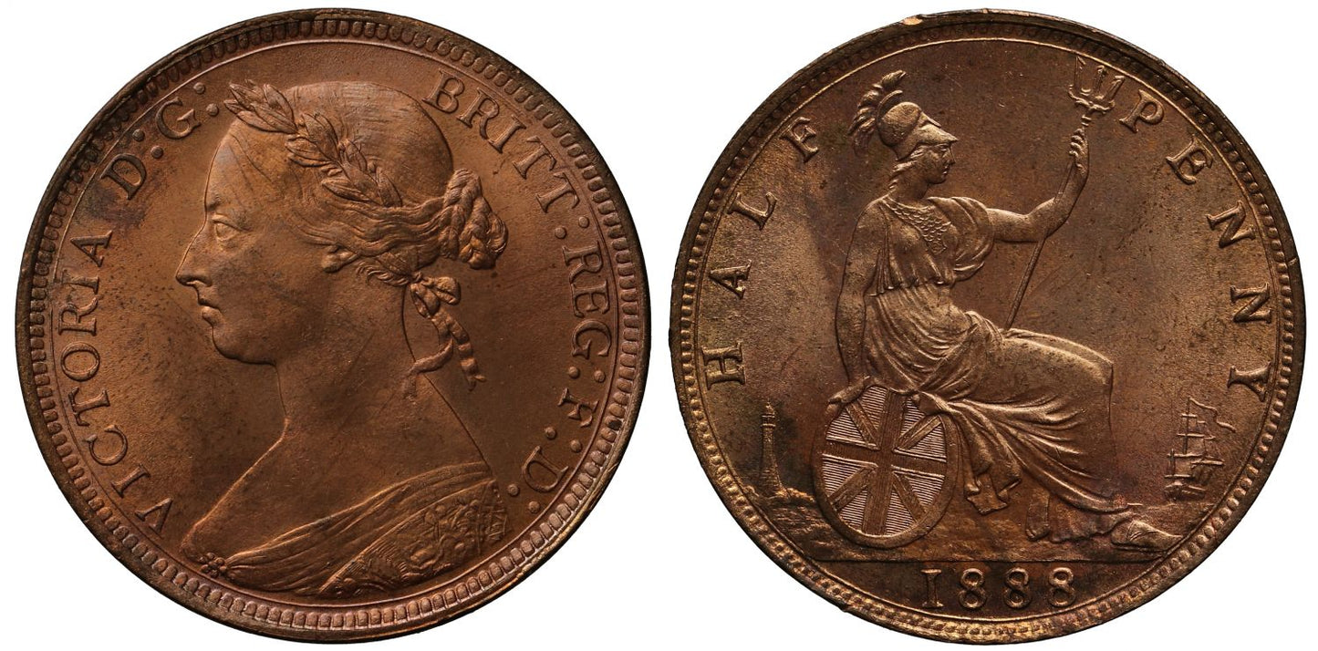 Victoria 1888 Halfpenny, bun head type, Freeman dies 17+S