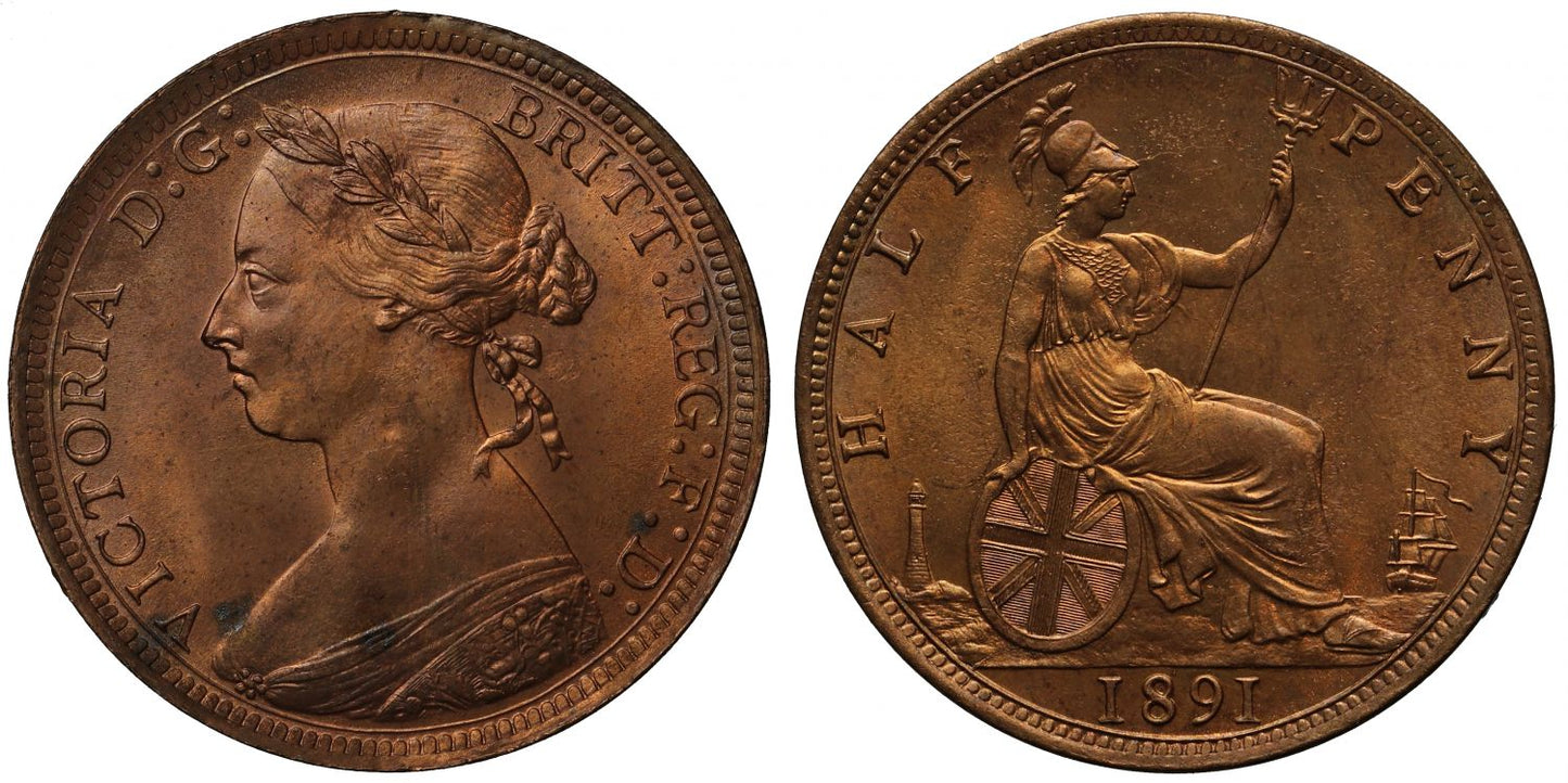 Victoria 1891 Halfpenny, bun head type, Freeman dies 17+S