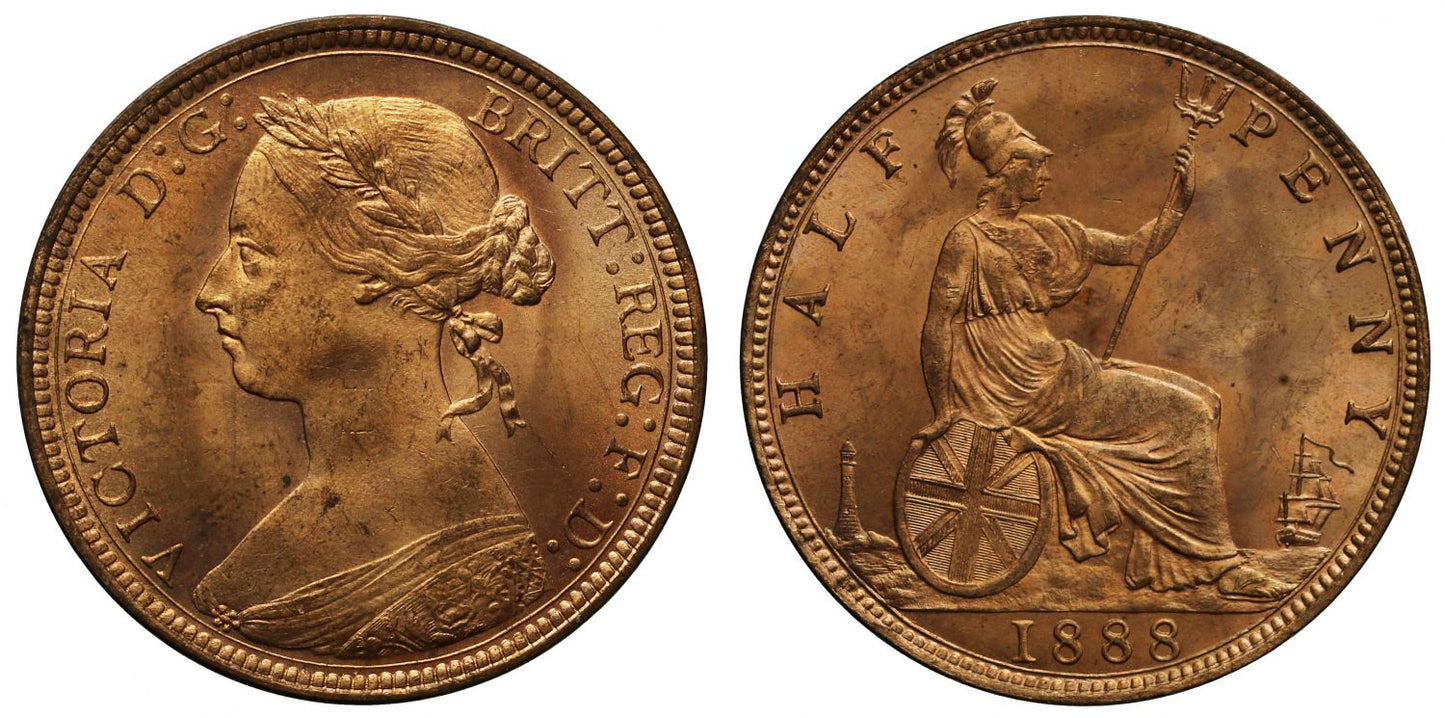 Victoria 1888 Halfpenny, bun head type, Freeman dies 17+S, MS64RD