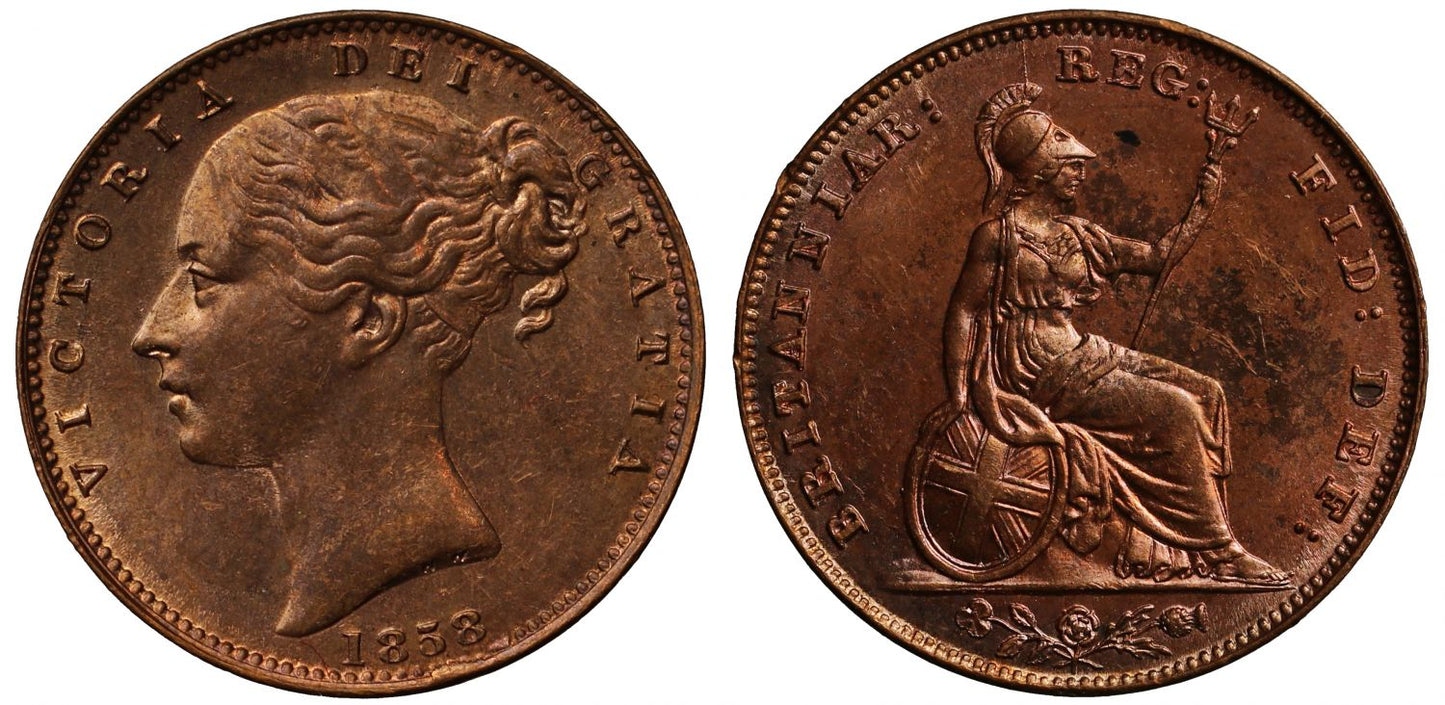 Victoria 1858 Farthing, young head copper issue, weak bars in As of GRATIA