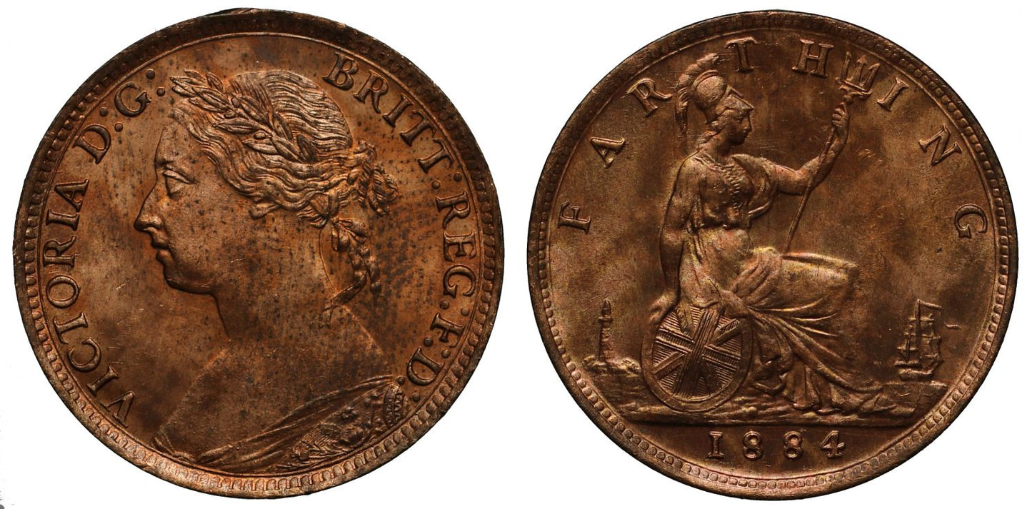Victoria 1884 Farthing, bun head type, Freeman dies 7+F
