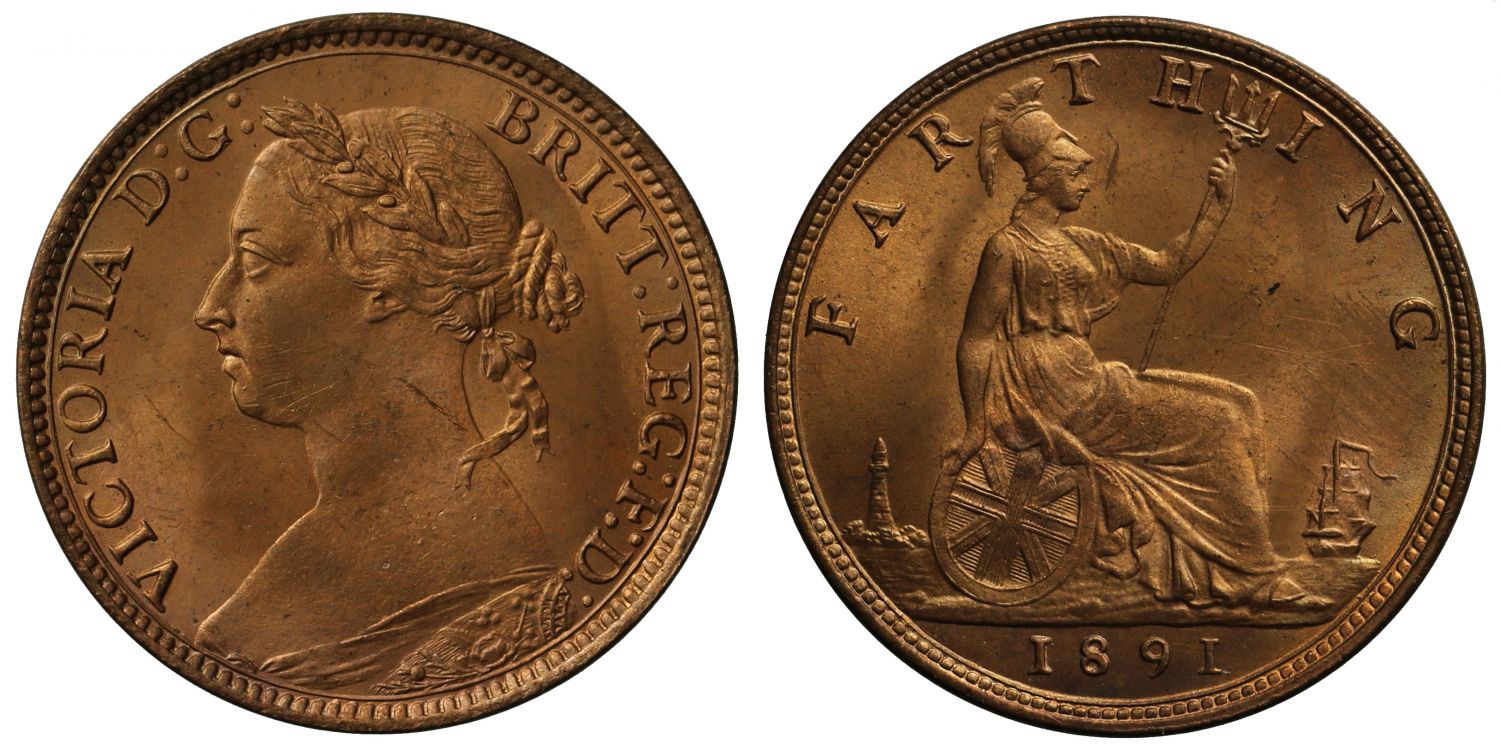 1891 Iconic Type Victoria 1891 Farthing, bun head type, MS64+RD