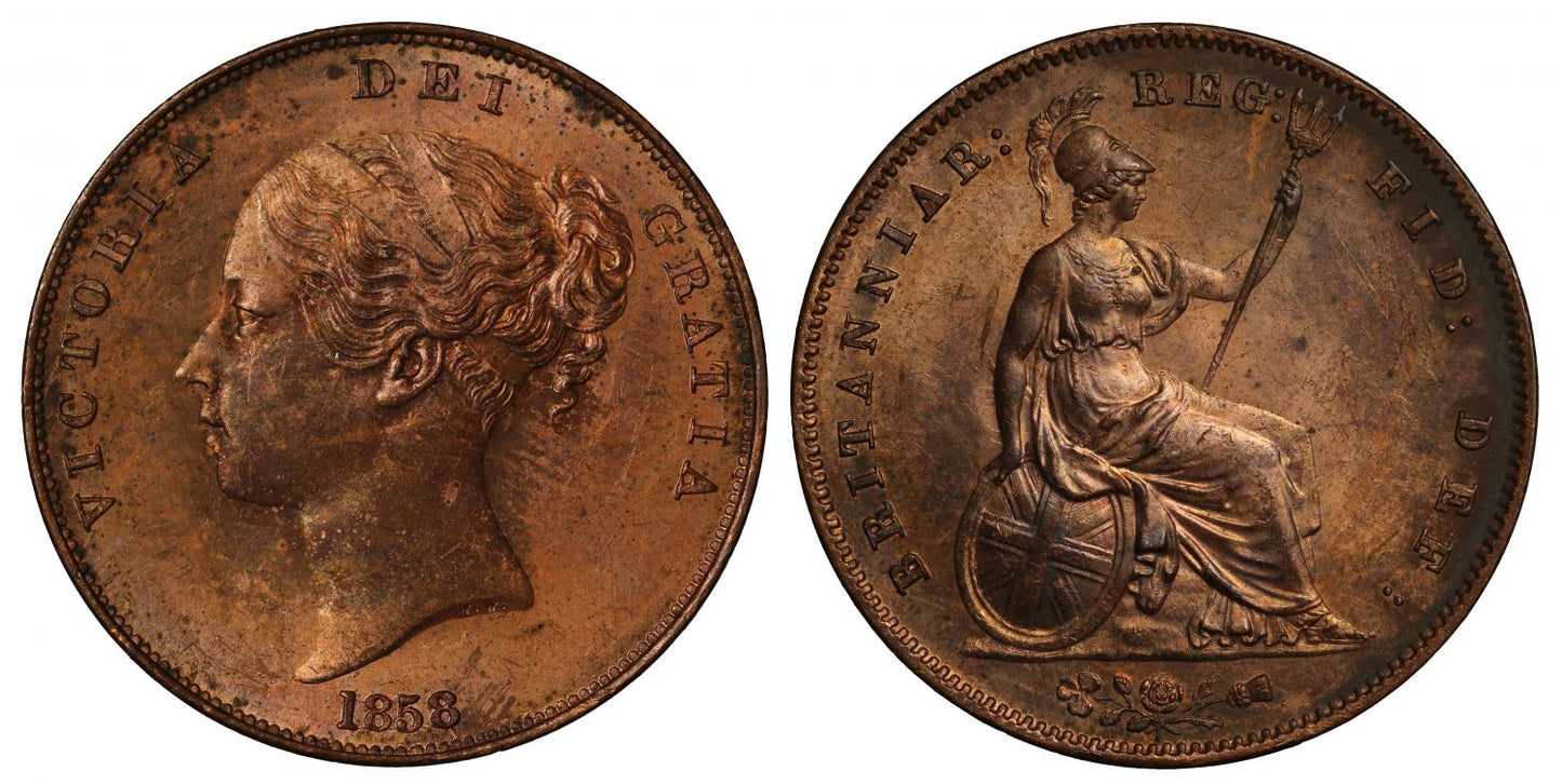 Victoria 1858 Penny, 8 of date struck over 3