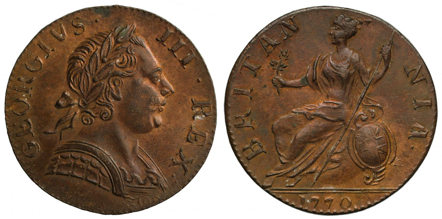 George III 1770 Halfpenny, contemporary counterfeit of excellent style P.pl.50x