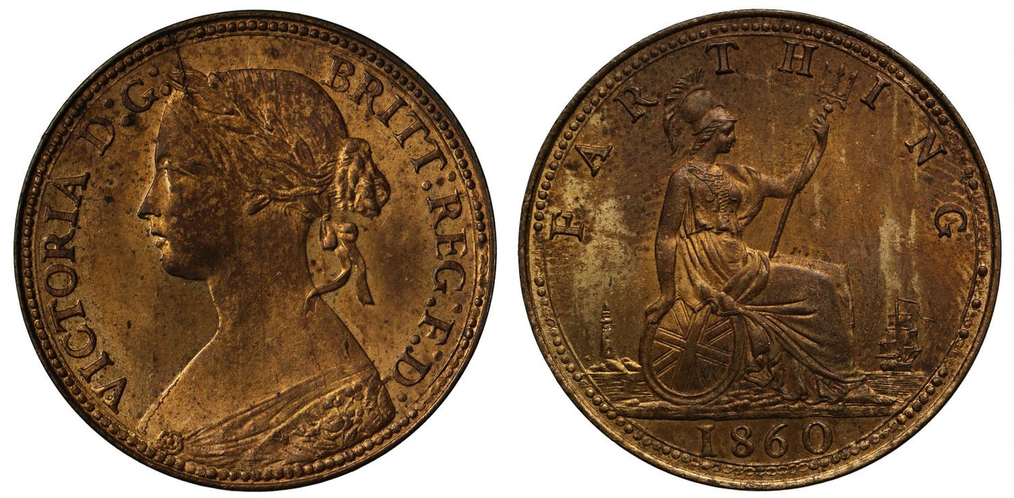Victoria 1860 Farthing, bronze bun head issue, beaded border both sides