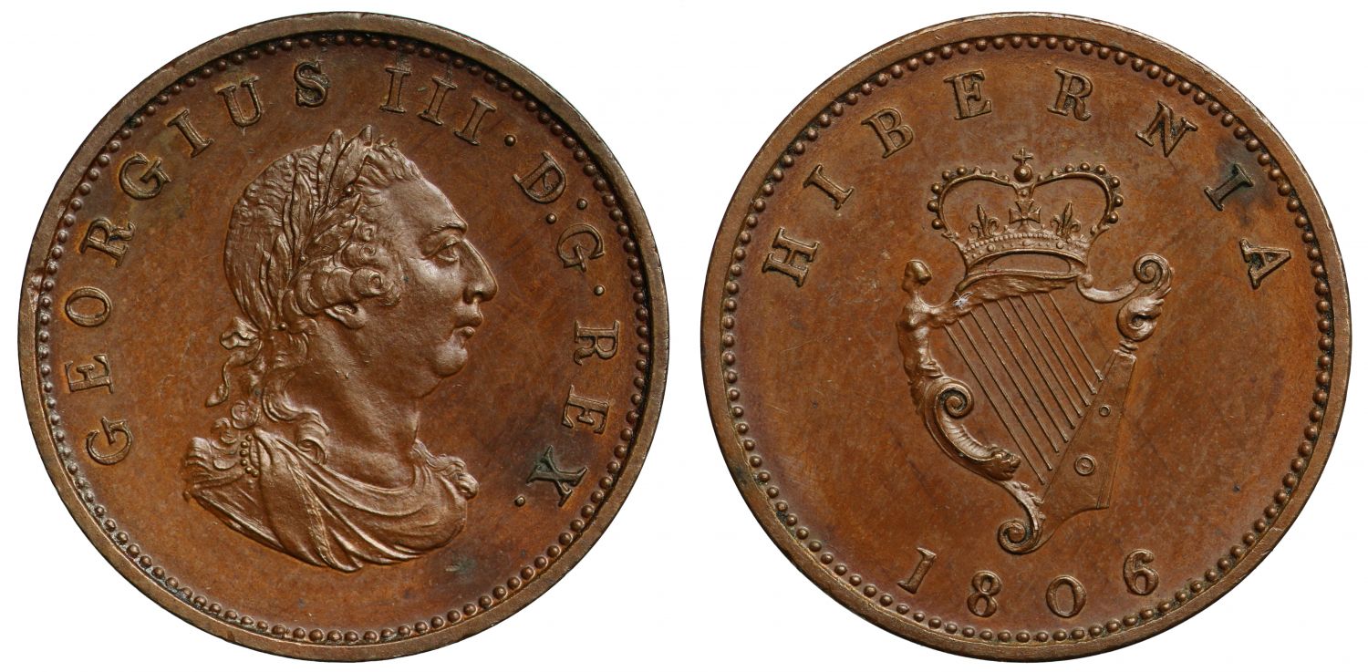 ireland george iii 1808 copper proof pattern crown -... Ireland, George III 1806 bronzed copper Proof Farthing