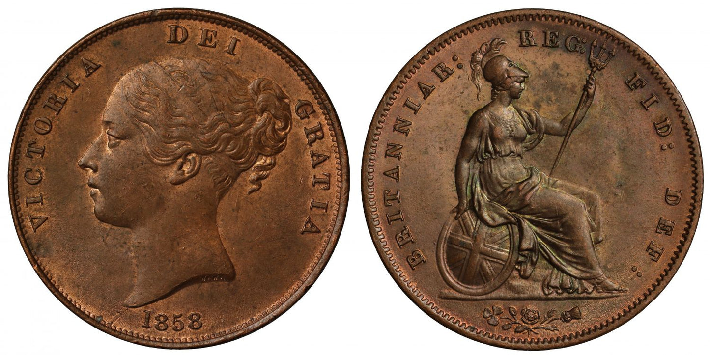 Victoria 1858 OT Penny, 8 struck over 3 in date