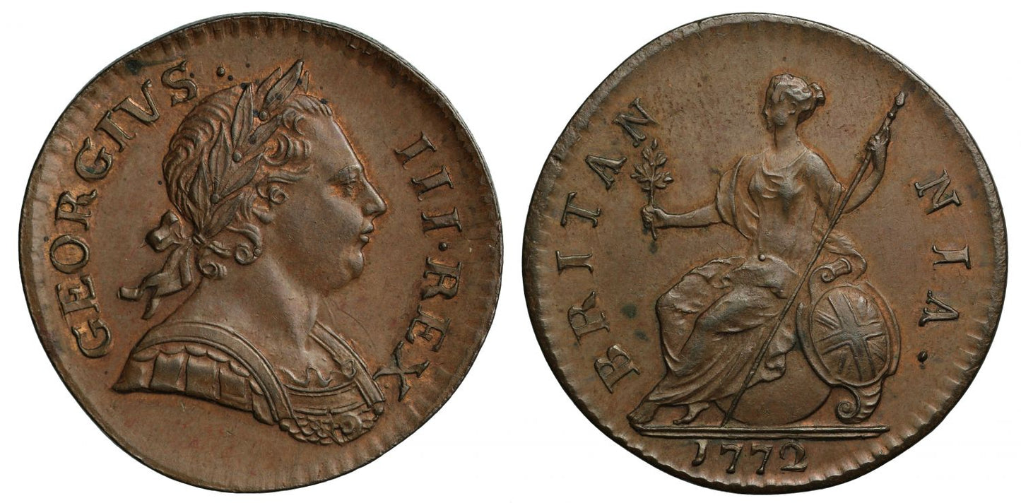 George III 1772 Halfpenny, first obverse, ball below spear blade reverse MS64 BN