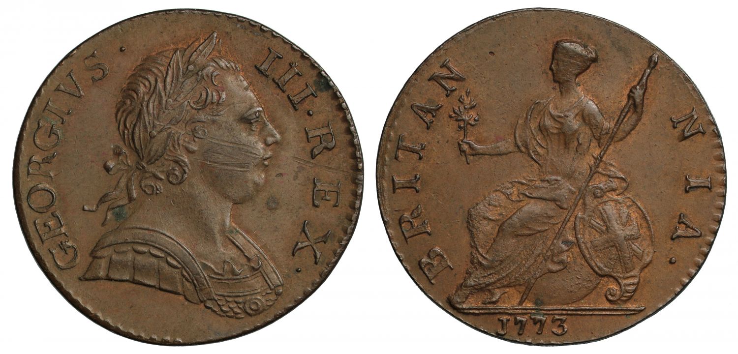 George III 1773 Halfpenny, first obverse