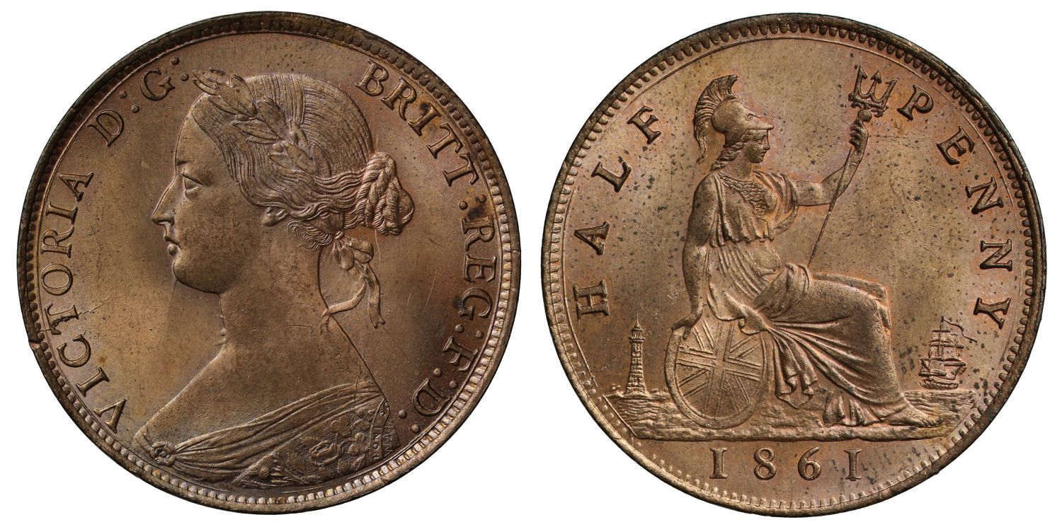 Victoria 1861 Halfpenny, bun head type, Freeman dies 7+F