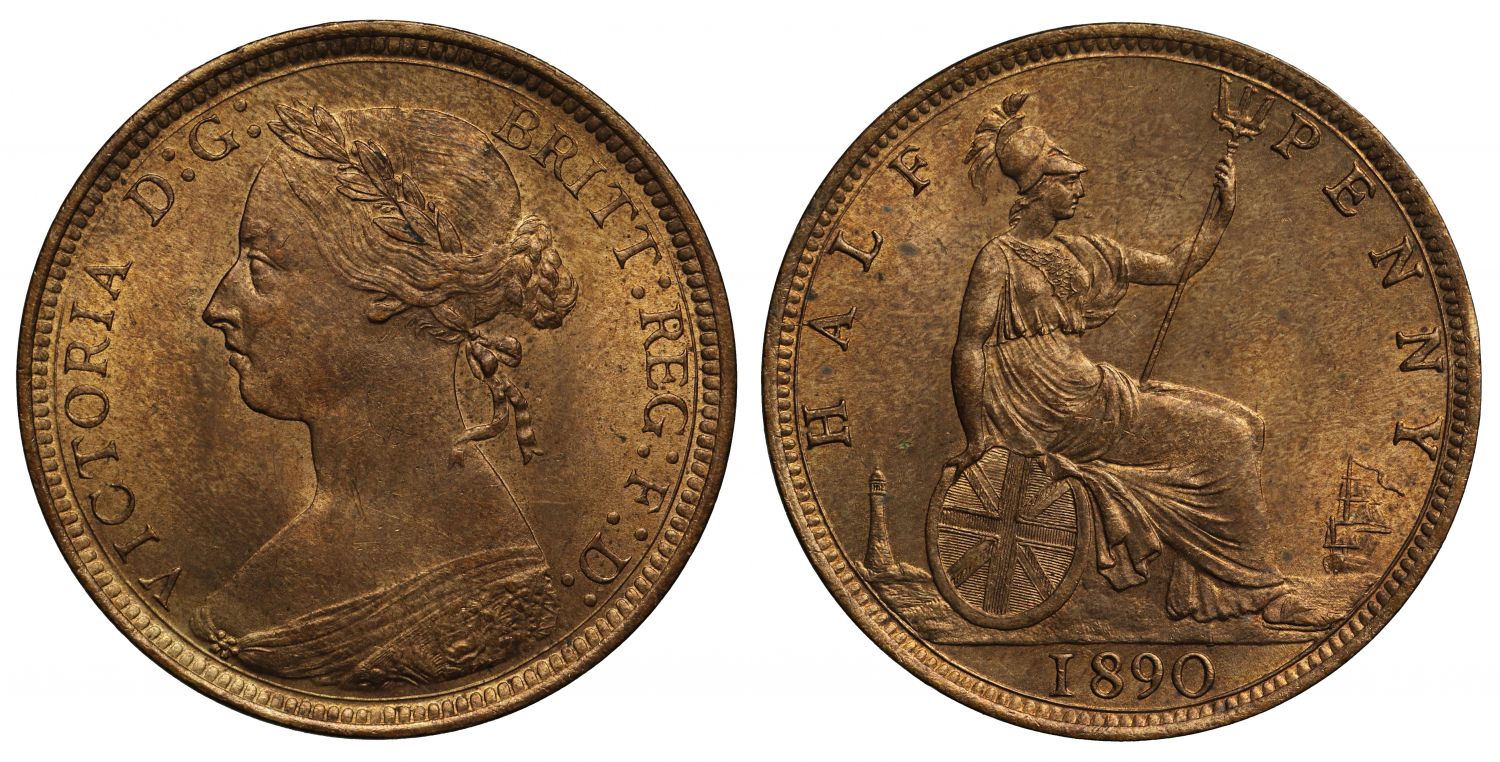 Victoria 1890 Halfpenny, bun head type, Freeman dies 17+S