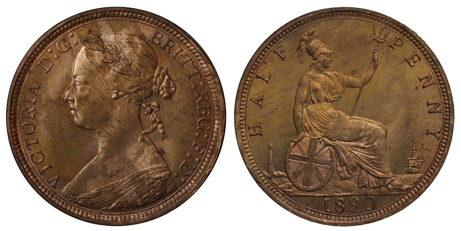 Victoria 1890 Halfpenny, bun head type, Freeman dies 17+S