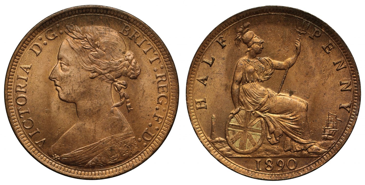 Victoria 1890 Halfpenny, bun head type, Freeman dies 17+S