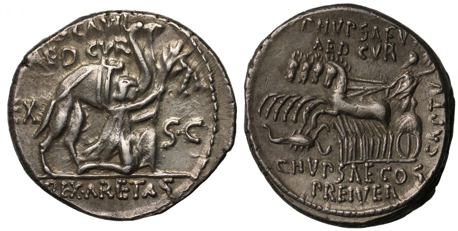 M. Aemilius Scaurus & P. Plautius Hypsaeus, Silver Denarius