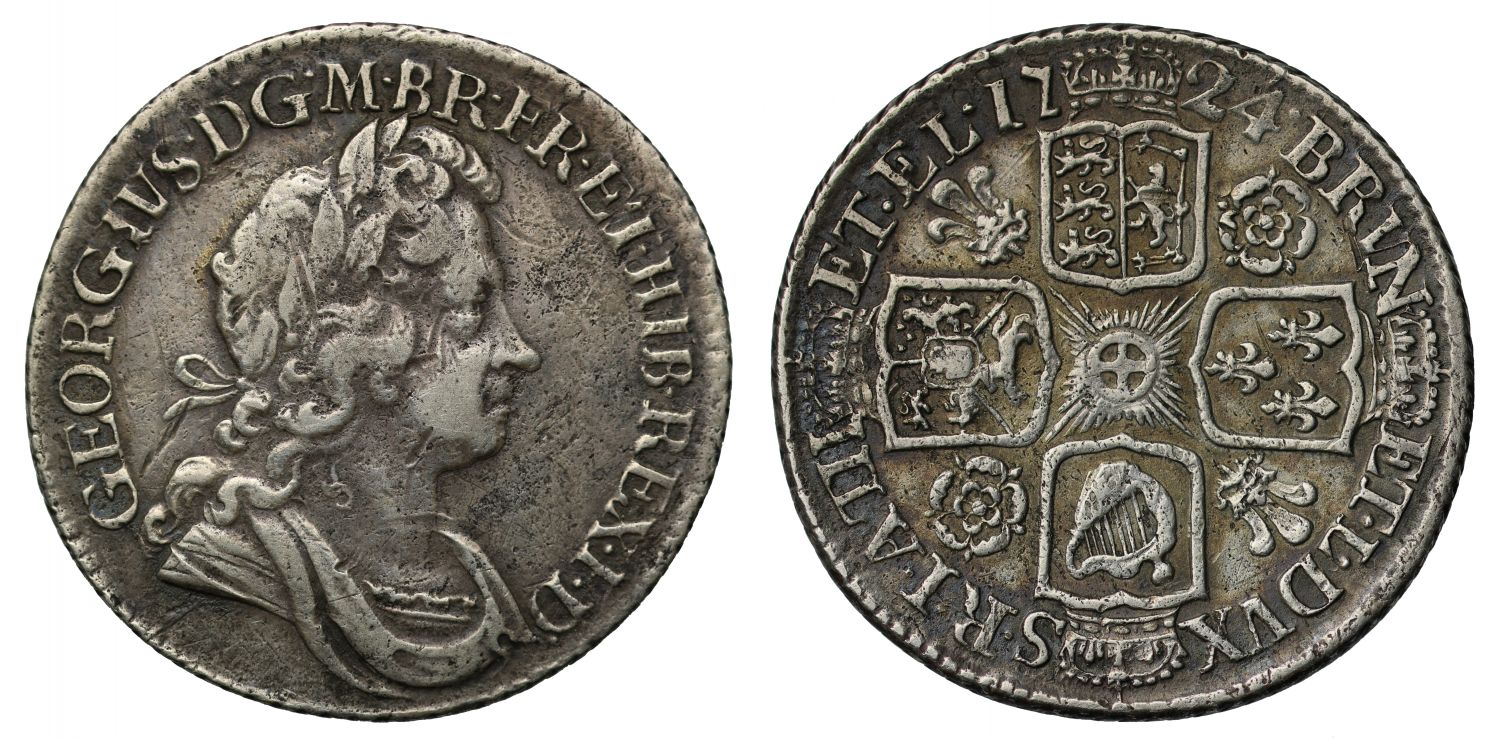 George I 1724 Shilling, second bust, roses and plumes