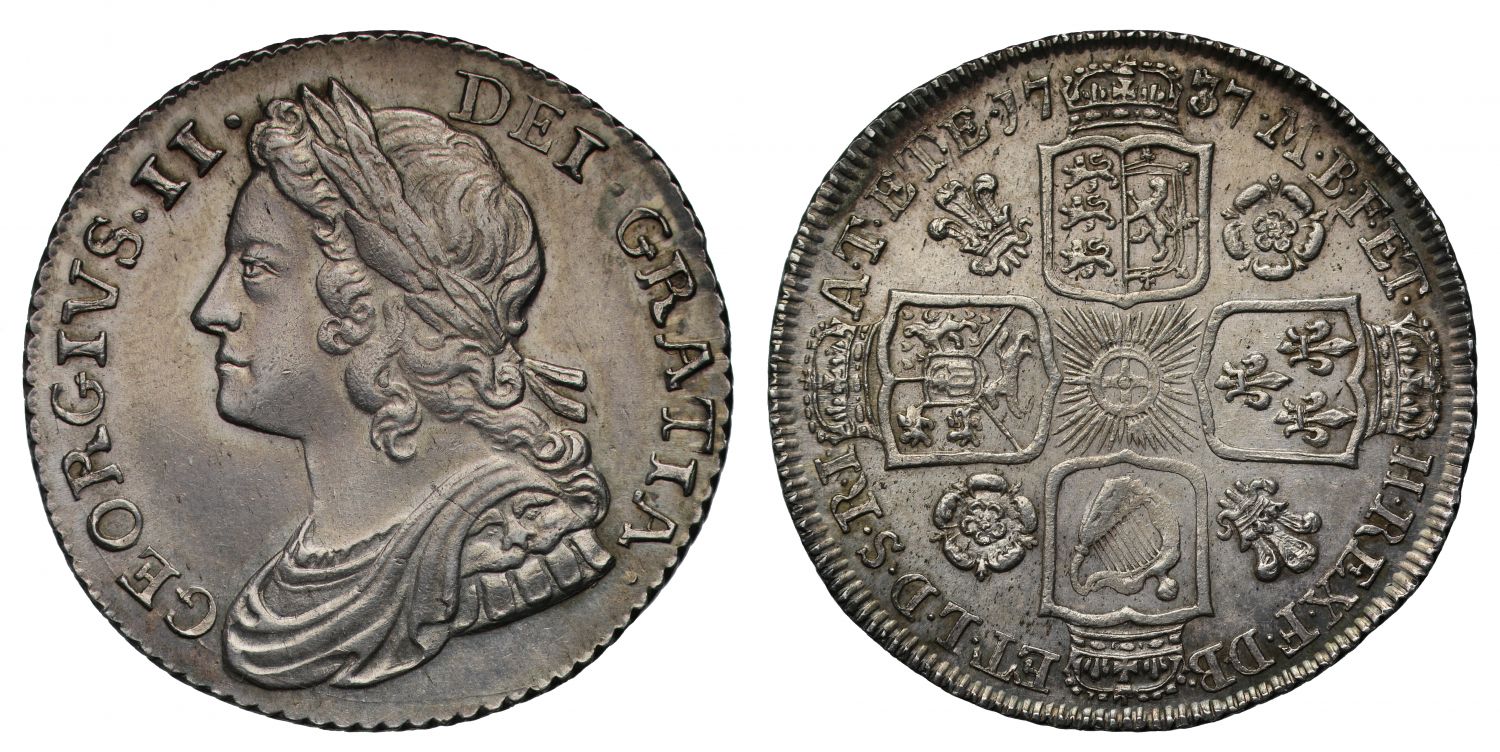 George II Shilling, 1737, young head, roses and plumes